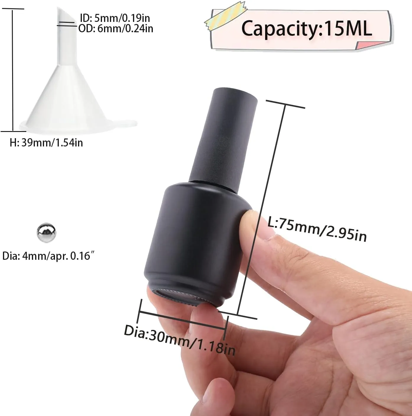 Empty Gel Nail Polish Bottles 15ML with Brush, Opaque Round Refillable Fingernail Polish Bottles UV Safe with Mixing Balls & Funnels, Pack of 20 (Matte Black)