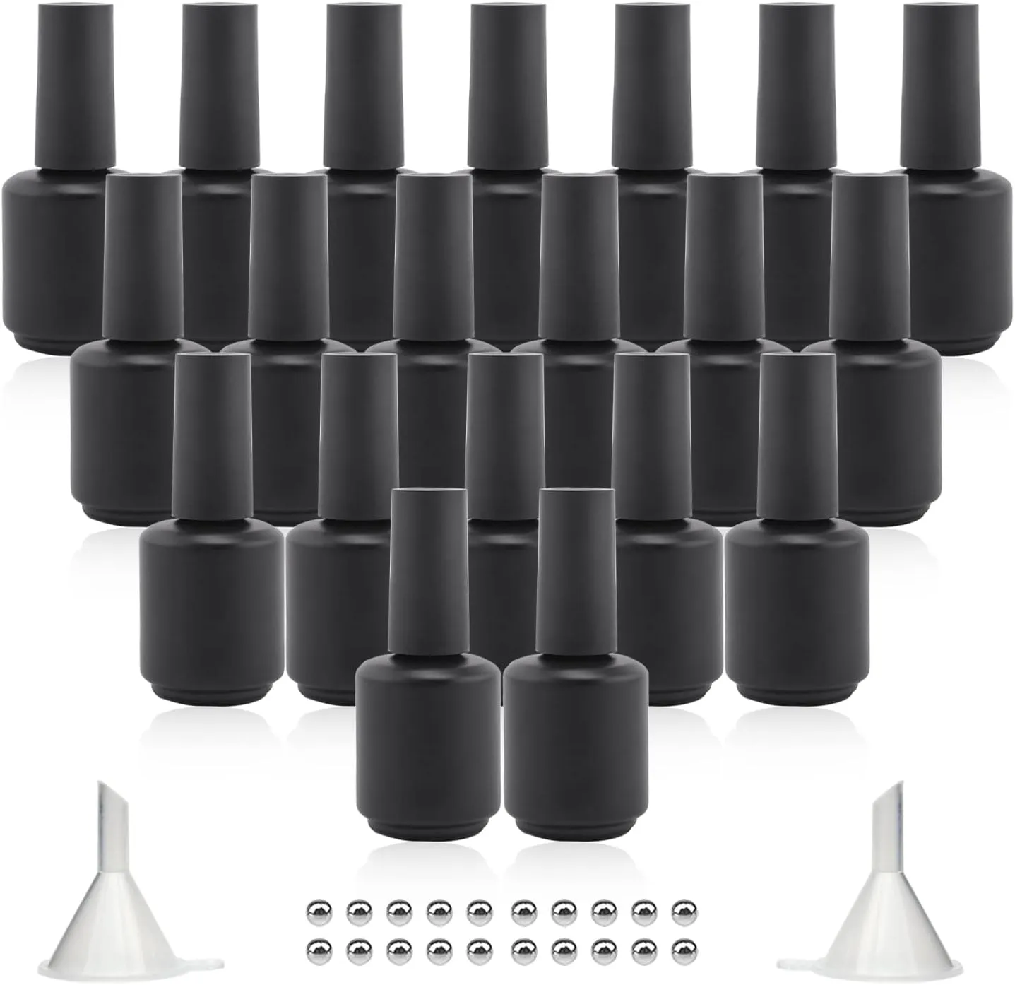 Empty Gel Nail Polish Bottles 15ML with Brush, Opaque Round Refillable Fingernail Polish Bottles UV Safe with Mixing Balls & Funnels, Pack of 20 (Matte Black)