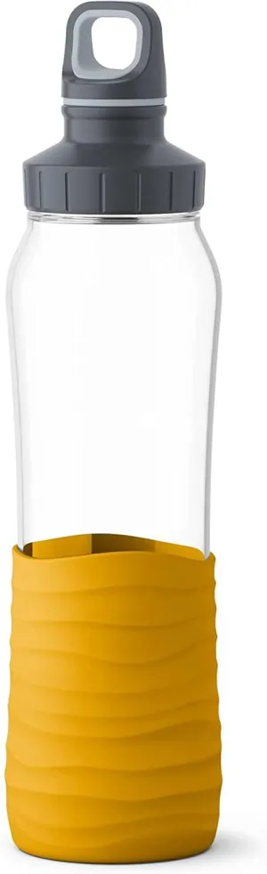 Emsa N31008 Drink2Go Glass Drinking Bottle | Capacity: 0.7 Litres | Screw Cap | 100% Leak Proof | Dishwasher Safe | Yellow