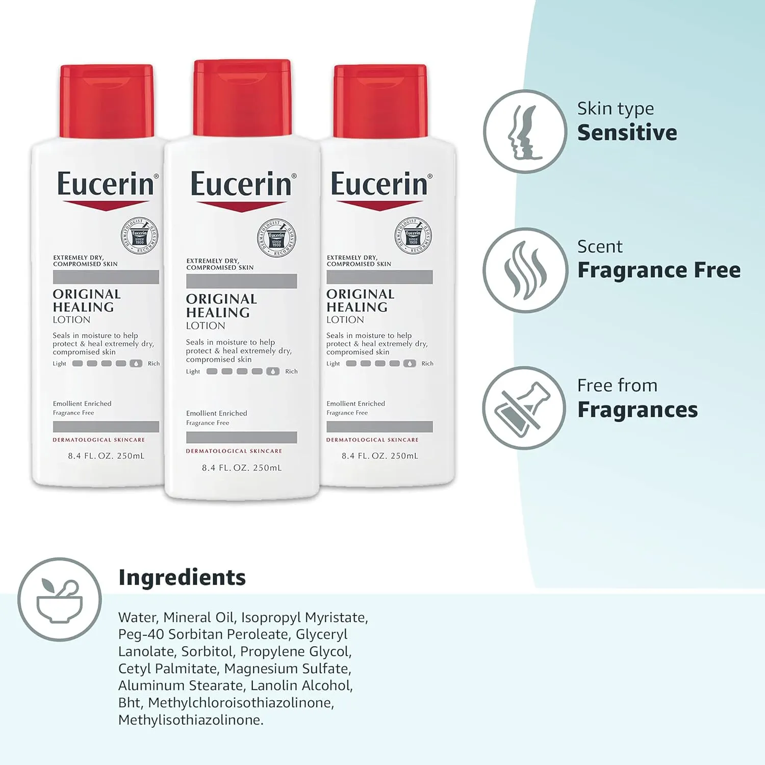 Eucerin Original Healing Lotion - Fragrance Free, Rich Lotion for Extremely Dry Skin - 8.4 fl. oz. Bottle (Pack of 3)