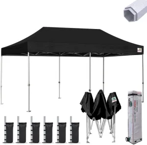 Eurmax USA Premium 10'x20' Pop-up Canopy Tent Commercial Instant Canopies Shelter with Heavy Duty Wheeled Carry Bag Bonus 4 Sand Bags(Black)