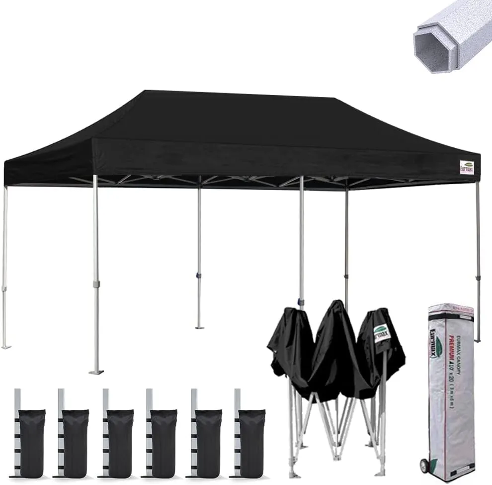 Eurmax USA Premium 10'x20' Pop-up Canopy Tent Commercial Instant Canopies Shelter with Heavy Duty Wheeled Carry Bag Bonus 4 Sand Bags(Black)