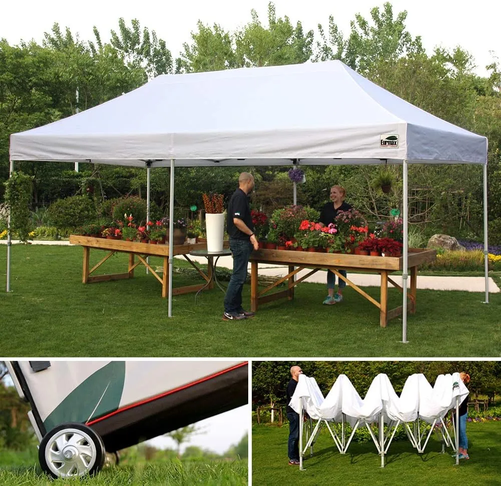 Eurmax USA Premium 10'x20' Pop-up Canopy Tent Commercial Instant Canopies Shelter with Heavy Duty Wheeled Carry Bag Bonus 4 Sand Bags(Black)