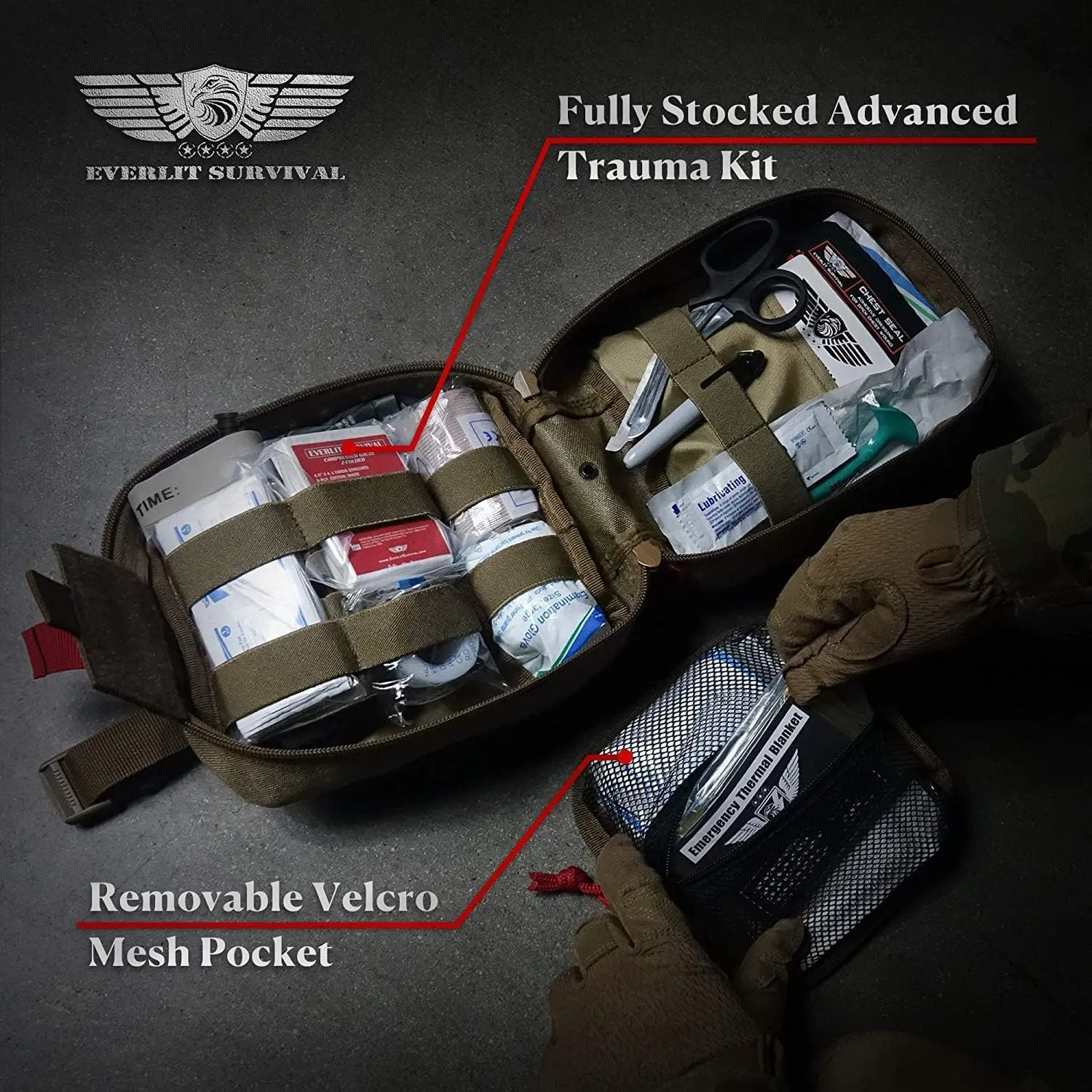 EVERLIT Advanced Emergency Trauma Kit, CAT GEN-7 Tourniquet Mil-Spec Nylon Laser Cut Pouch with 36" Splint, Military Combat Tactical IFAK for First Aid Response Bleeding Control