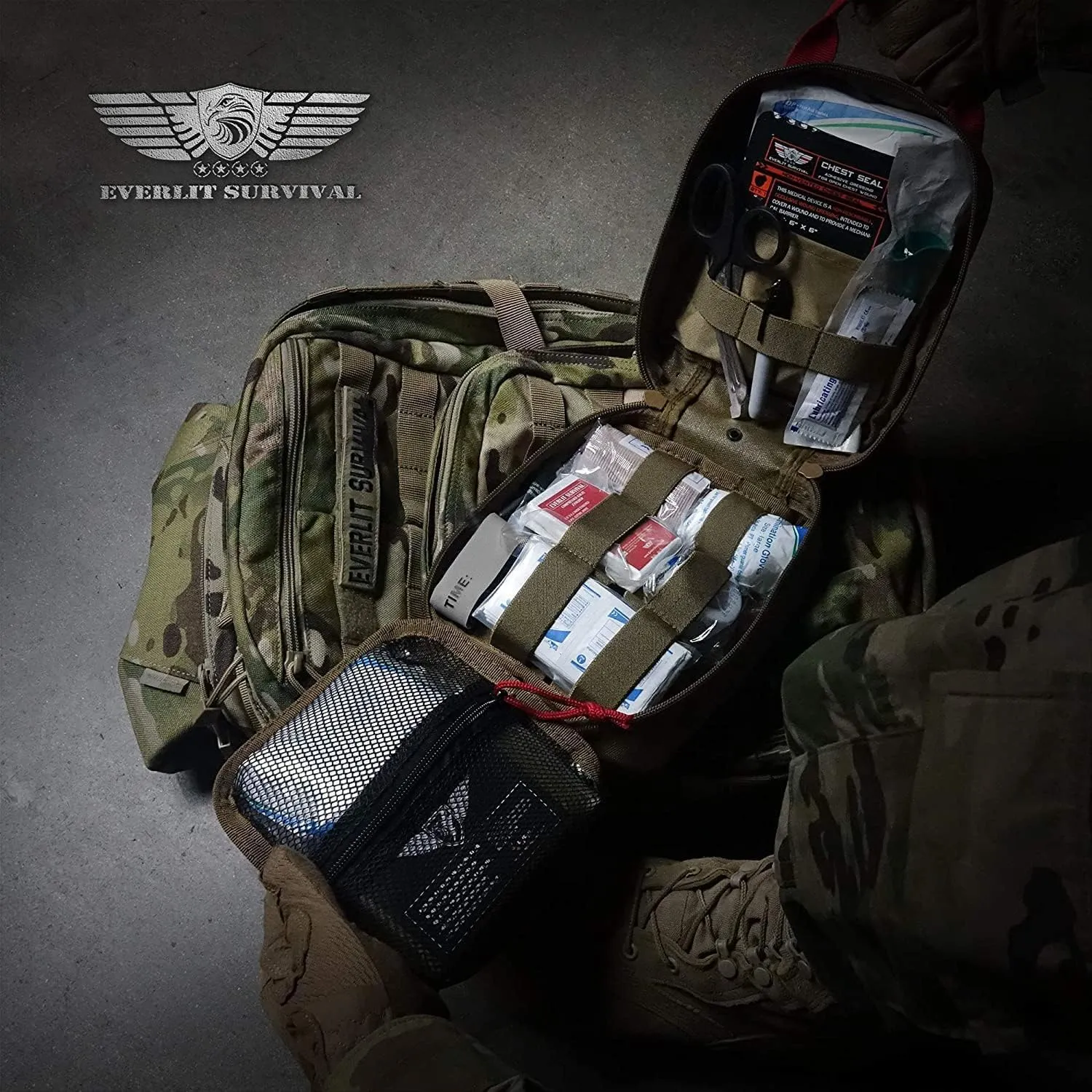 EVERLIT Advanced Emergency Trauma Kit, CAT GEN-7 Tourniquet Mil-Spec Nylon Laser Cut Pouch with 36" Splint, Military Combat Tactical IFAK for First Aid Response Bleeding Control