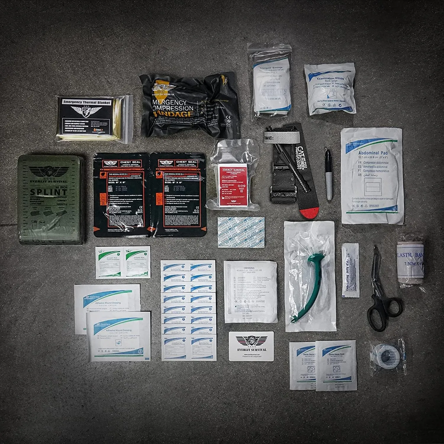 EVERLIT Advanced Emergency Trauma Kit, CAT GEN-7 Tourniquet Mil-Spec Nylon Laser Cut Pouch with 36" Splint, Military Combat Tactical IFAK for First Aid Response Bleeding Control