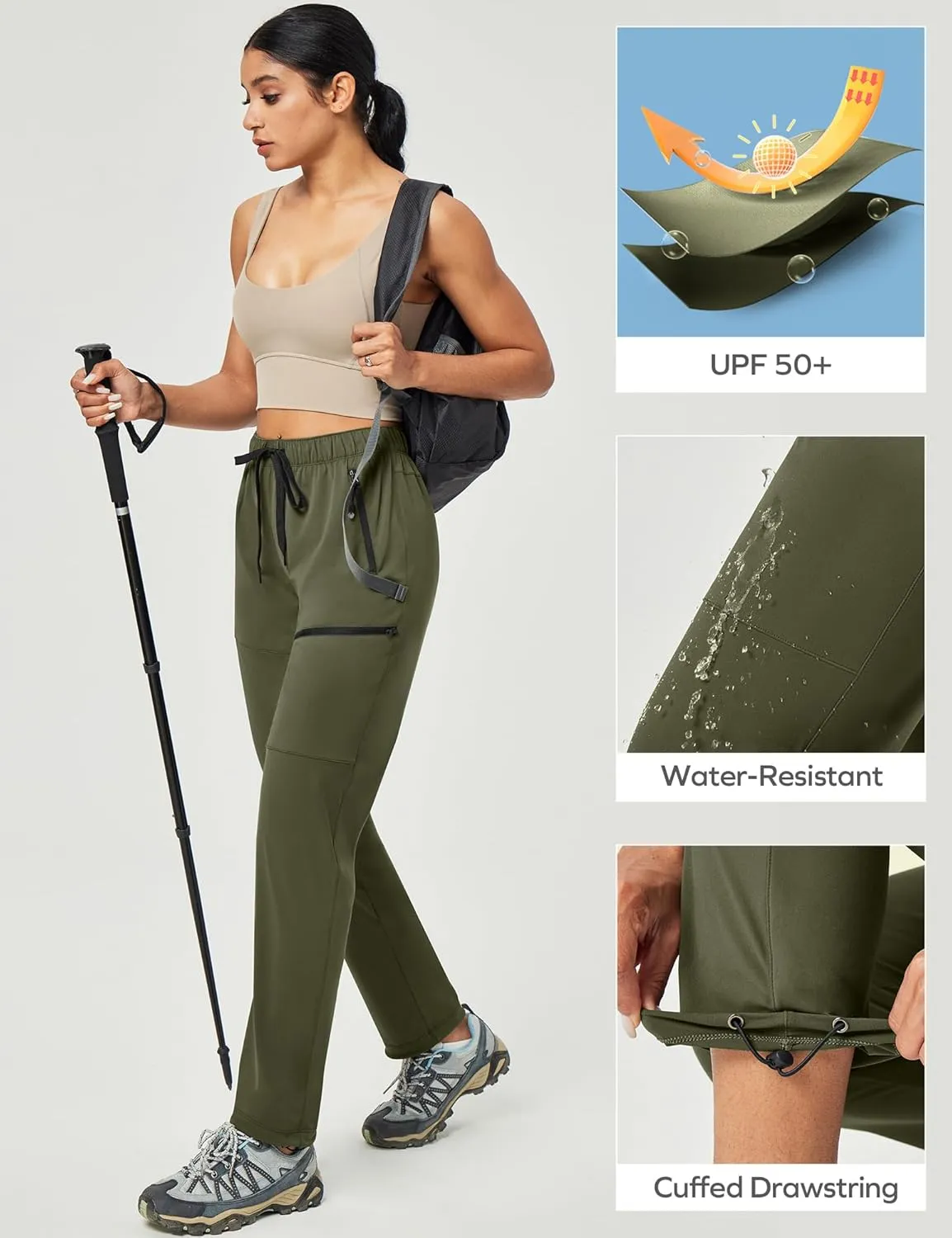 Ewedoos Hiking Pants Women with Zipper Pockets Lightweight Water Resistant Cargo Pants Quick Dry UPF 50  Travel Camping