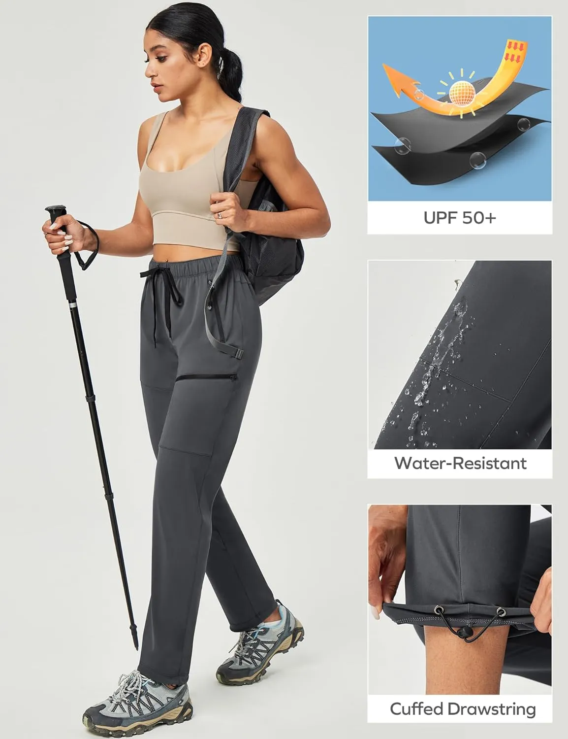 Ewedoos Hiking Pants Women with Zipper Pockets Lightweight Water Resistant Cargo Pants Quick Dry UPF 50  Travel Camping