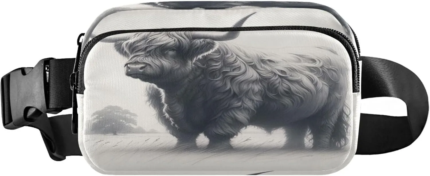 Exnundod Fanny Packs for Women & Men Scotland Highland Cow, Waist Pack Pencil Sketch Crossbody Bags Belt Adjustable Strap for Running Hiking Workout