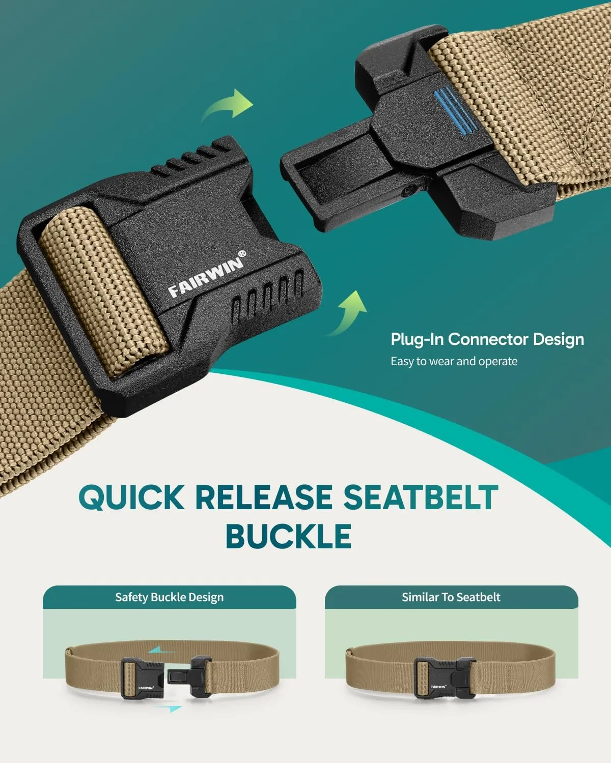 FAIRWIN Tactical Belt Men, 1.5" Stretch Nylon Web Military Hiking Rigger Work Belts with Quick-Release Seatbelt Buckle