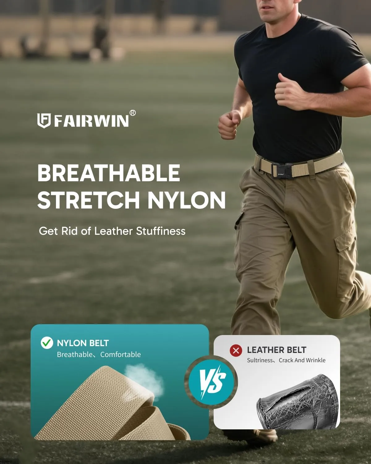 FAIRWIN Tactical Belt Men, 1.5" Stretch Nylon Web Military Hiking Rigger Work Belts with Quick-Release Seatbelt Buckle