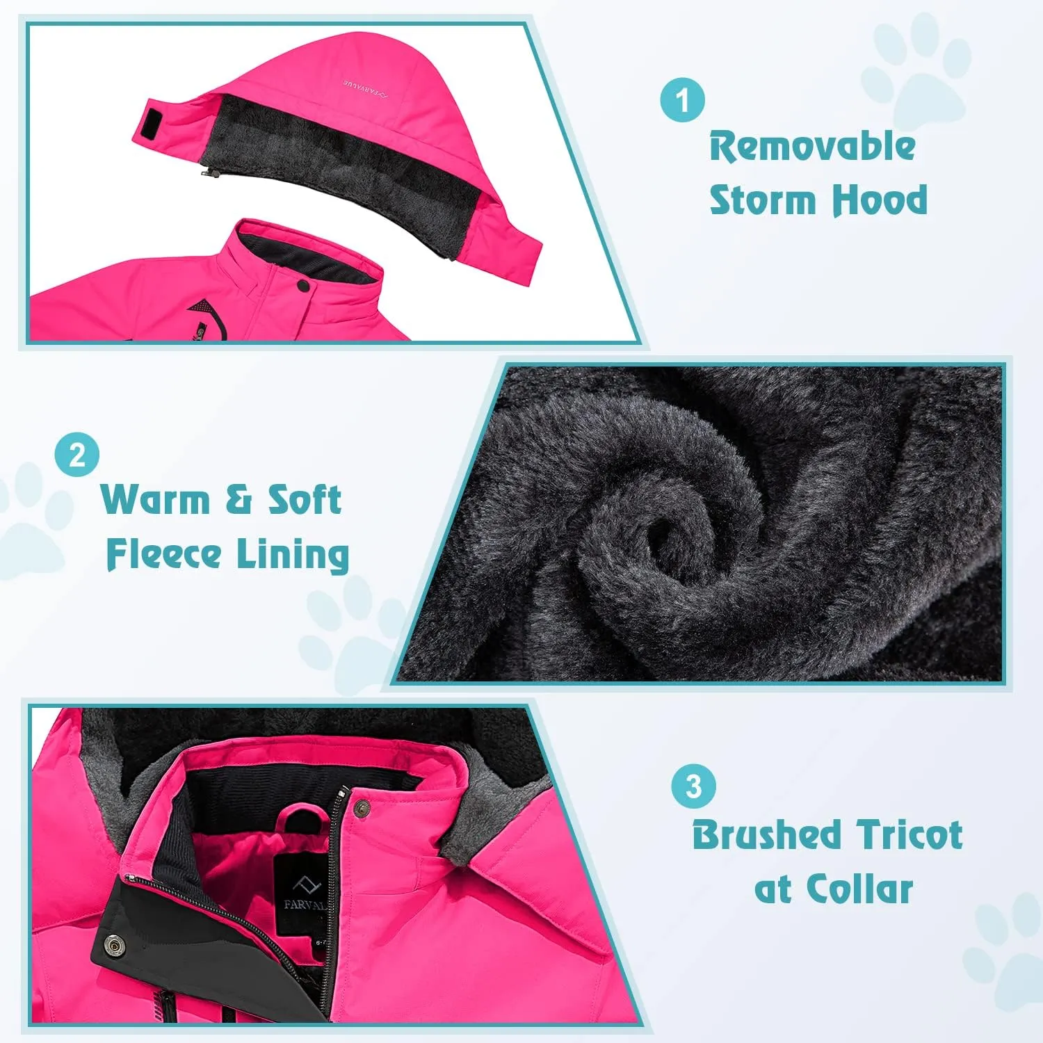 FARVALUE Girls Waterproof Ski Jacket Windproof Winter Coat Warm Fleece Snow Coat Outdoor Raincoats Hooded
