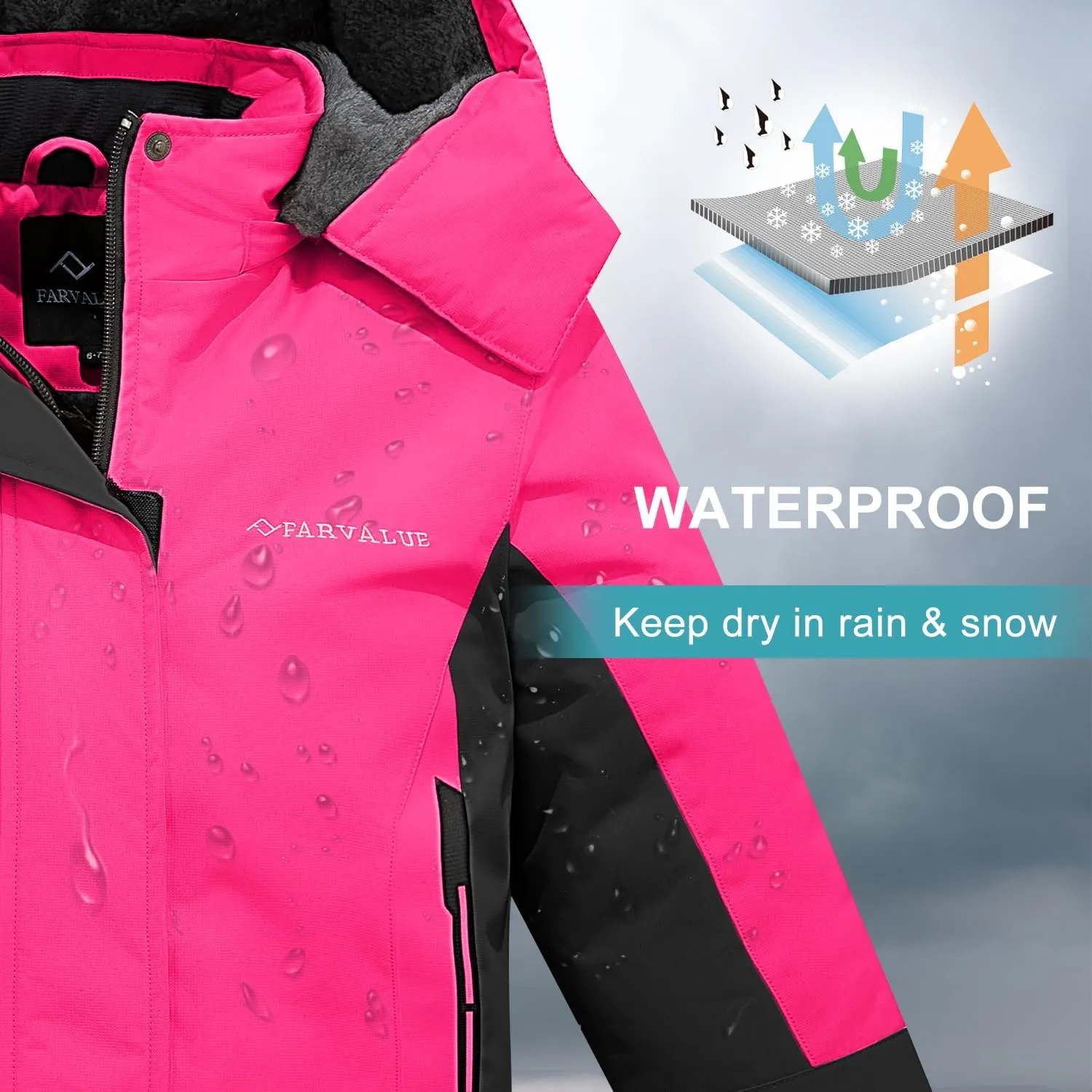 FARVALUE Girls Waterproof Ski Jacket Windproof Winter Coat Warm Fleece Snow Coat Outdoor Raincoats Hooded