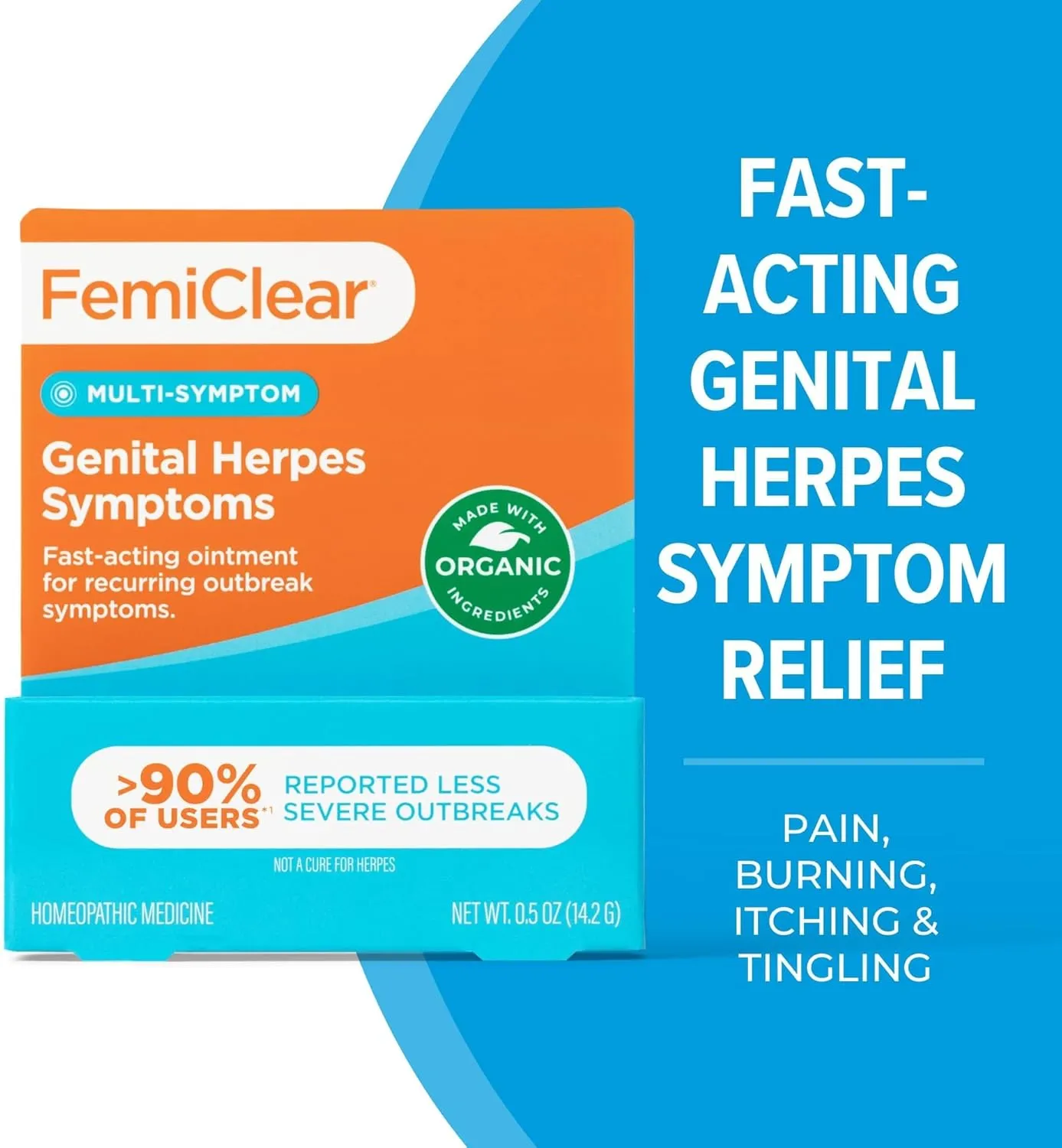 FemiClear for Genital Herpes Symptoms & Cold Sores, Multi-Symptom - Effective Intimate Relief - Made with All-Natural and Organic Ingredients - 0.5 Ounce Tube