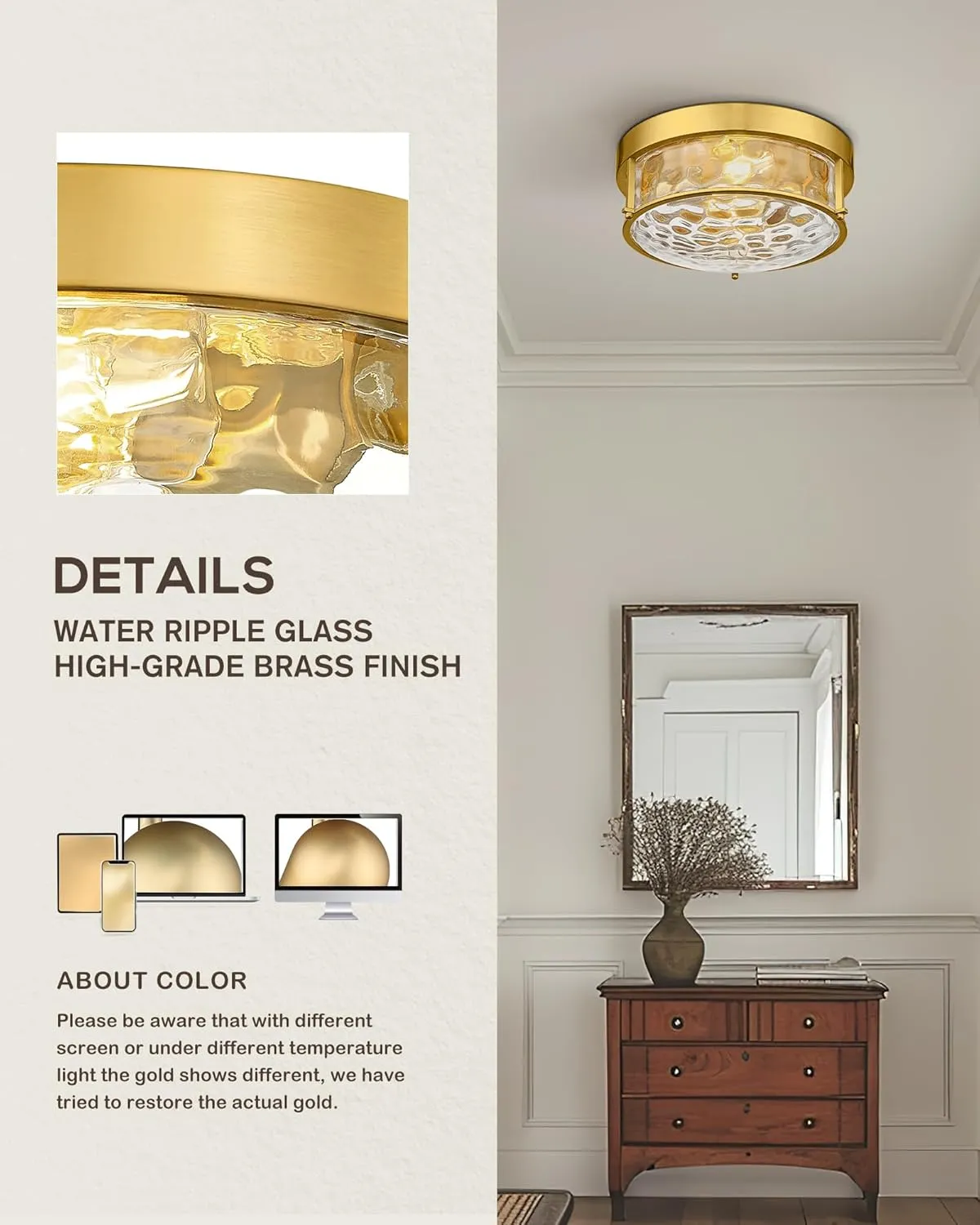 FEMILA 12" Brushed Gold Flush Mount Ceiling Light, Light Fixtures Ceiling Mount with Water Ripple Glass, for Kitchen, Bedroom, Living Room, 4FTJ22WG-F BG