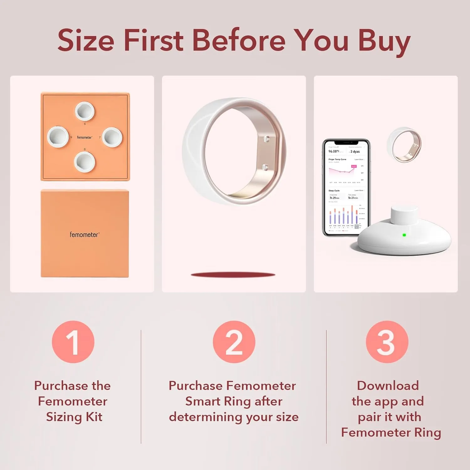 femometer Smart Ring Gen1 for Women's Fertility and Ovulation Monitor Tracking - Size Before You Buy - App Auto-Sync - Sleep Analysis - Rechargeable & Waterproof - Free Subscription - Size 9