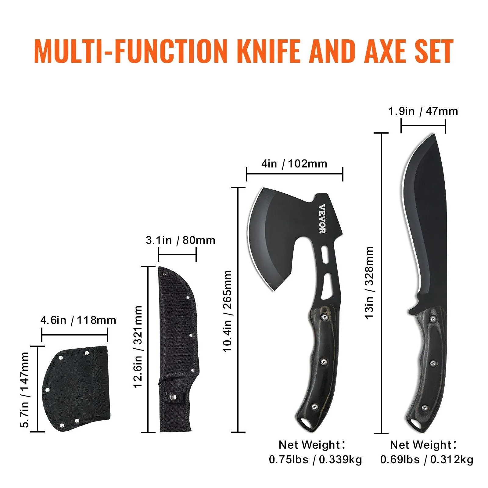 FeralEdge™ Knife & Axe Combo – 30Cr13 Stainless Steel Hatchet   13” Machete Set