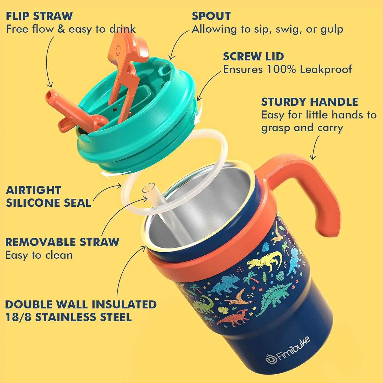 Fimibuke Kids Insulated Tumbler with Handle & Straw - 16oz Leak Proof Toddler Tumbler with Sip/Swig 2-in-1 Lid, BPA FREE 18/8 Stainless Steel Kids Water Bottle Drinking Cups Travel Mugs for Boys Girls