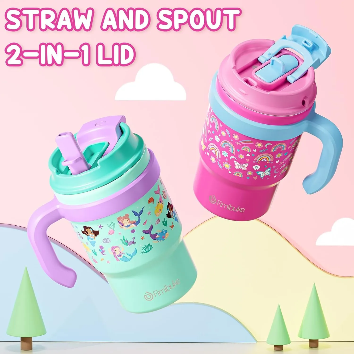 Fimibuke Kids Insulated Tumbler with Handle & Straw - 16oz Leak Proof Toddler Tumbler with Sip/Swig 2-in-1 Lid, BPA FREE 18/8 Stainless Steel Kids Water Bottle Drinking Cups Travel Mugs for Boys Girls
