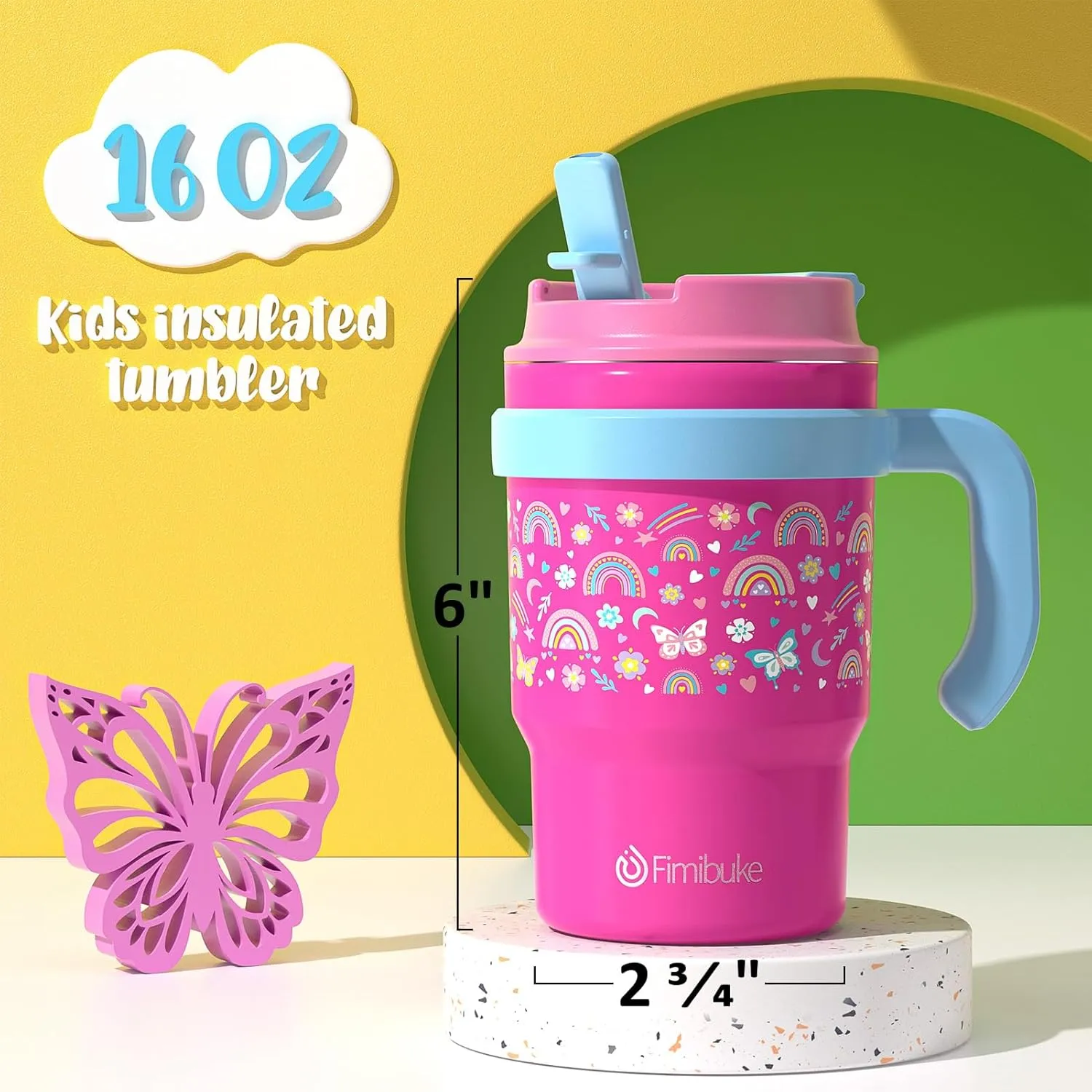 Fimibuke Kids Insulated Tumbler with Handle & Straw - 16oz Leak Proof Toddler Tumbler with Sip/Swig 2-in-1 Lid, BPA FREE 18/8 Stainless Steel Kids Water Bottle Drinking Cups Travel Mugs for Boys Girls