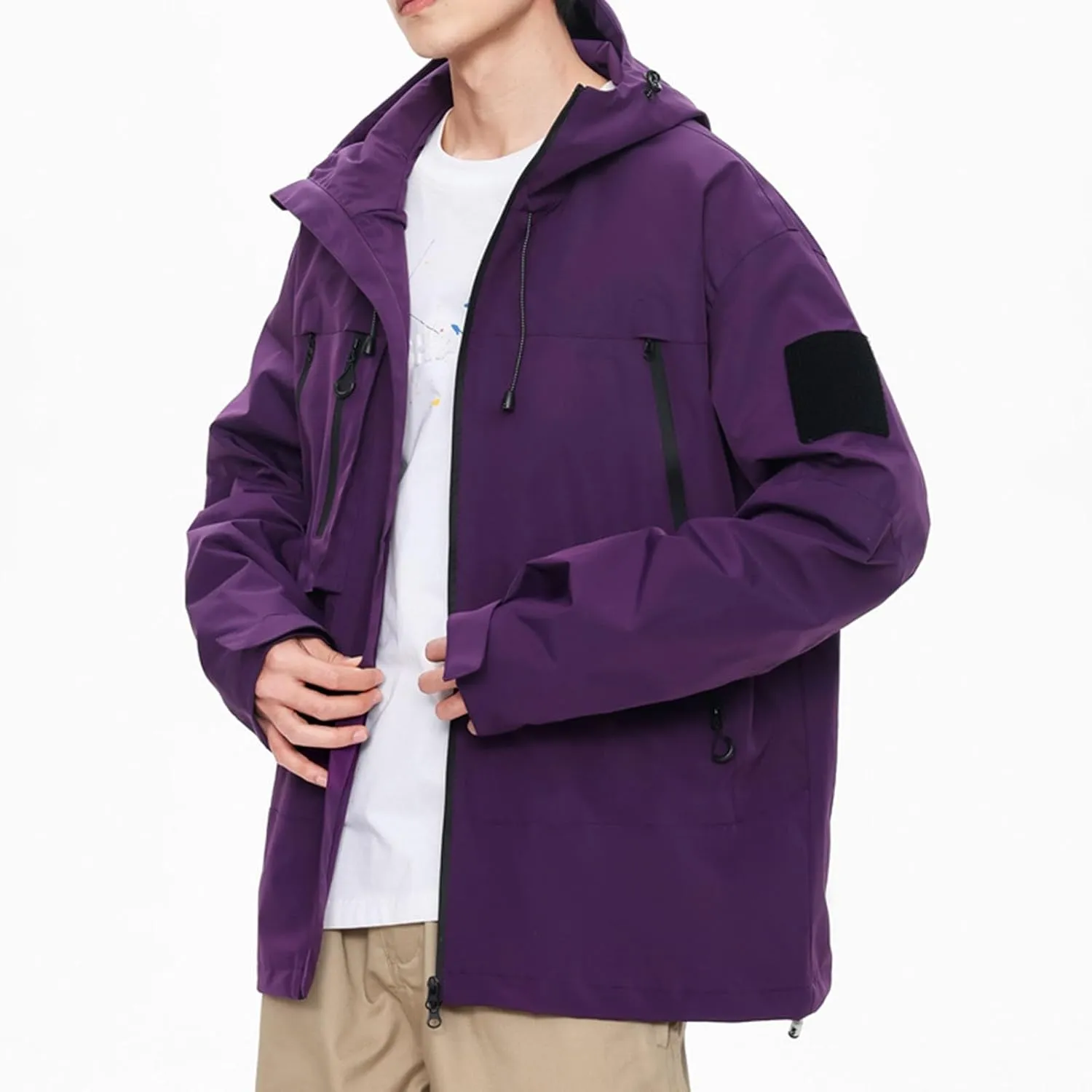 Finelylove Rain Jacket Men Waterproof Lightweight Outdoor Cargo Softshell Rain Coat Hooded Mountain Hiking Windbreaker
