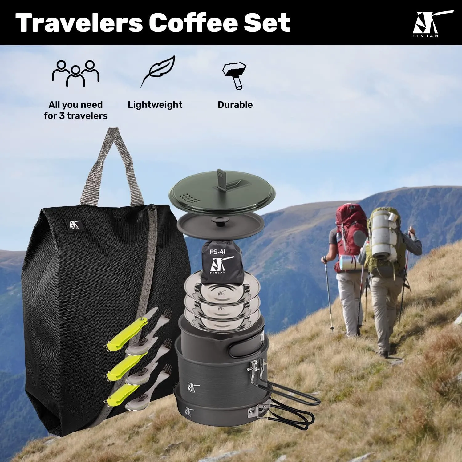 FINJAN Backpack Cooking Kit Camping Cooking Set for 3 in a Convenient Carrying Sack Easy Folding Storage for Camping Backpacking Travel Stove Pots Pan Knife Cutlery Plates Soft Case