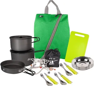 FINJAN Backpack Cooking Kit Camping Cooking Set for 3 in a Convenient Carrying Sack Easy Folding Storage for Camping Backpacking Travel Stove Pots Pan Knife Cutlery Plates Soft Case