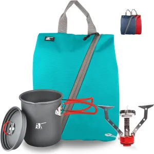 FINJAN Backpack Cooking Kit Camping Set Ultralight for 1 Person, EX Lite Blue/Turquoise/Red Coffee Pot, Portable Burner Stove, in a Water Resistant Carrying Sack Case. Small Light Compact for Boiling Water Coffee Tea