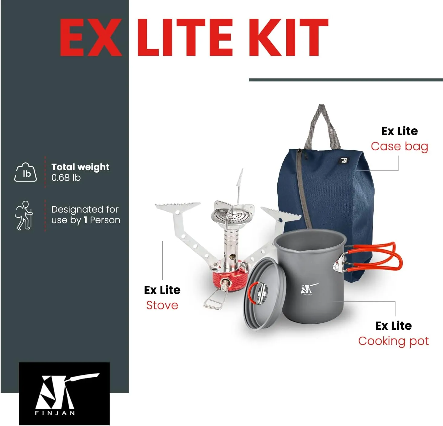 FINJAN Backpack Cooking Kit Camping Set Ultralight for 1 Person, EX Lite Blue/Turquoise/Red Coffee Pot, Portable Burner Stove, in a Water Resistant Carrying Sack Case. Small Light Compact for Boiling Water Coffee Tea
