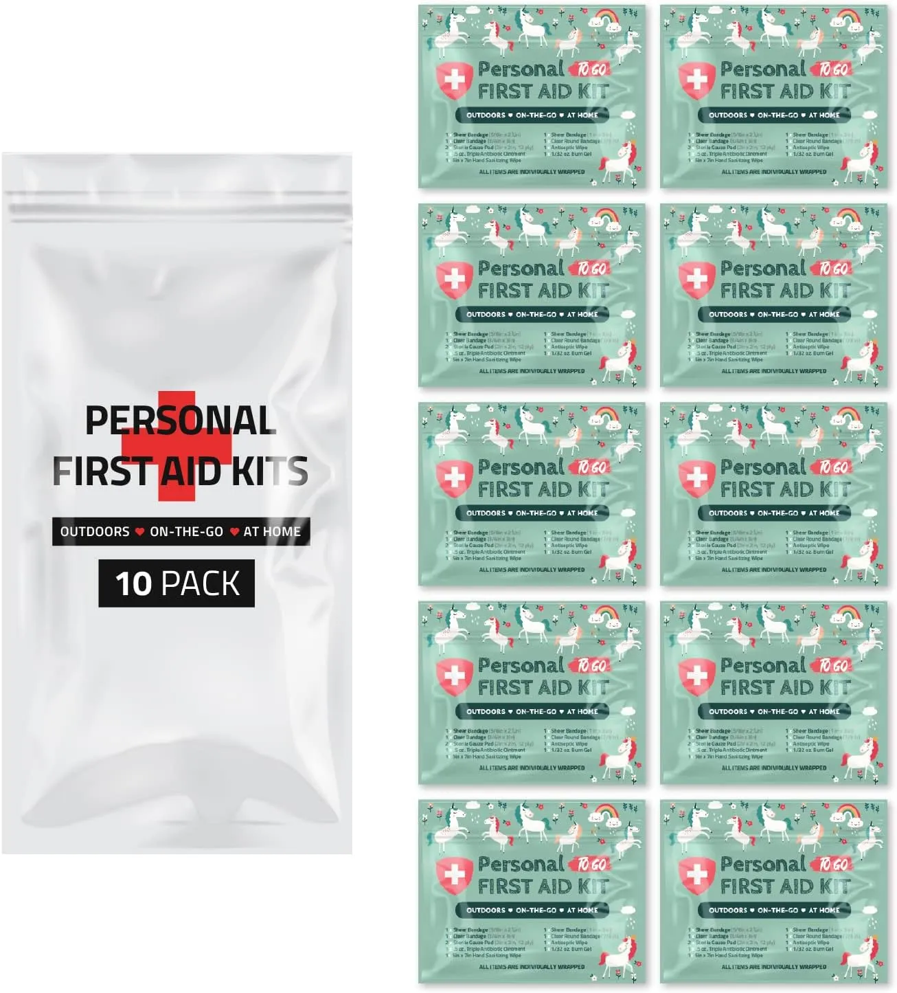 First Aid Emergency Medical Kit Mini and Travel Size - 10 Pack | Great for Kids, Schools, Business, Hiking, Camping | Wound Care Products (Unicorns)