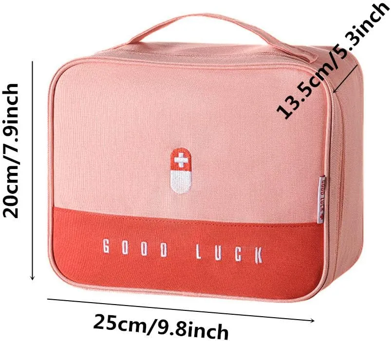 First Aid Kit Bag Empty Travel Medication Pouch Big Zippered Oxford Medical Survival Kit Carrier Handy Medicine Pills Drugs Package Organizer with 5 Pocket 1 Main Holder-9.8x7.9x5.3Inch (Pink-L)