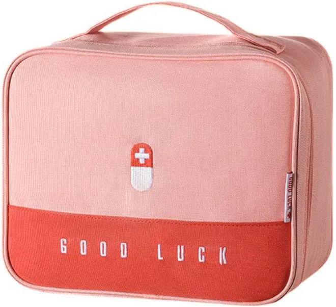 First Aid Kit Bag Empty Travel Medication Pouch Big Zippered Oxford Medical Survival Kit Carrier Handy Medicine Pills Drugs Package Organizer with 5 Pocket 1 Main Holder-9.8x7.9x5.3Inch (Pink-L)
