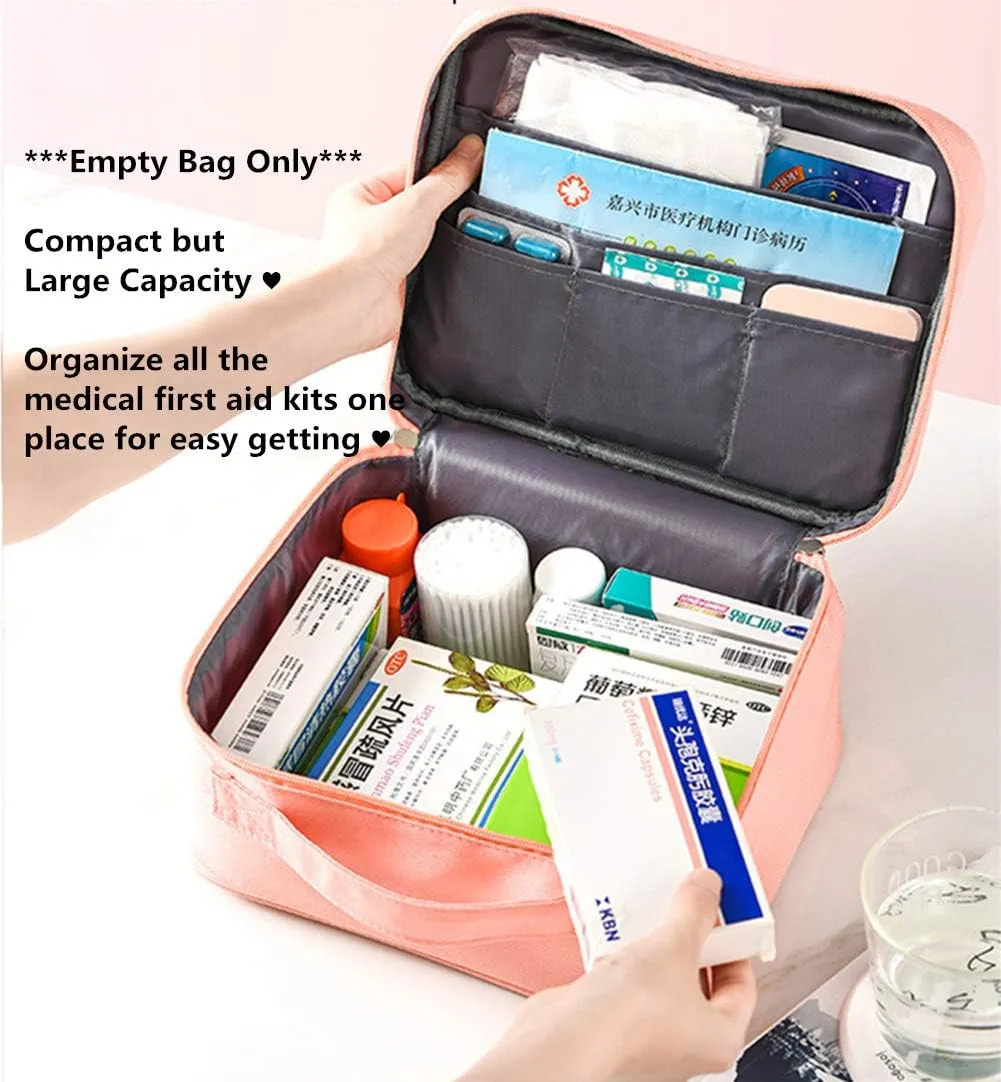 First Aid Kit Bag Empty Travel Medication Pouch Big Zippered Oxford Medical Survival Kit Carrier Handy Medicine Pills Drugs Package Organizer with 5 Pocket 1 Main Holder-9.8x7.9x5.3Inch (Pink-L)