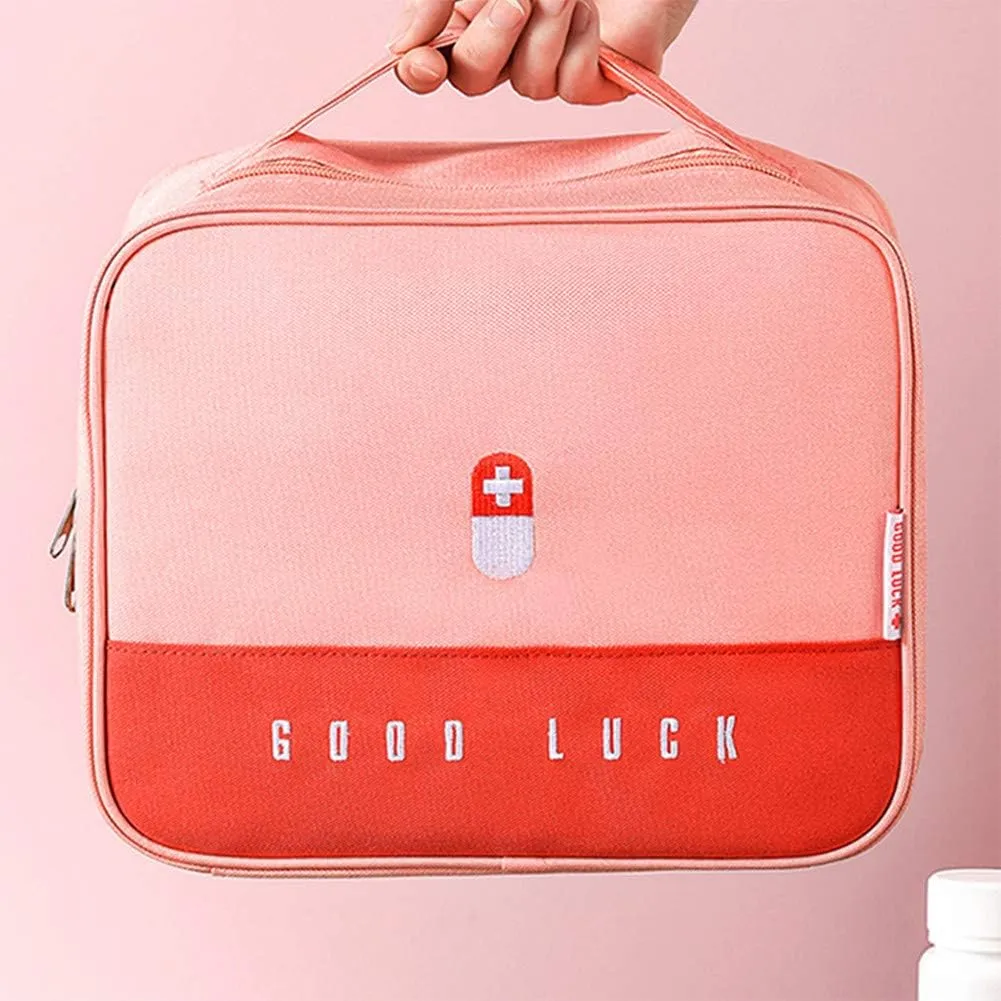 First Aid Kit Bag Empty Travel Medication Pouch Big Zippered Oxford Medical Survival Kit Carrier Handy Medicine Pills Drugs Package Organizer with 5 Pocket 1 Main Holder-9.8x7.9x5.3Inch (Pink-L)