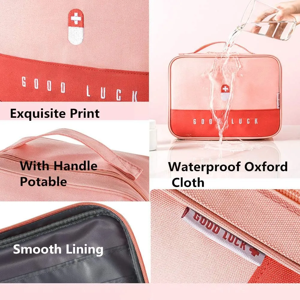 First Aid Kit Bag Empty Travel Medication Pouch Big Zippered Oxford Medical Survival Kit Carrier Handy Medicine Pills Drugs Package Organizer with 5 Pocket 1 Main Holder-9.8x7.9x5.3Inch (Pink-L)