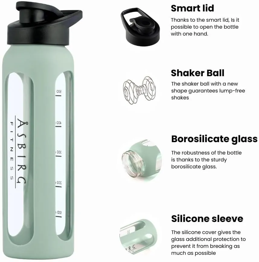 Fitness | Protein Shaker Made of Glass | Protein Shaker | Drinking Bottle | with Spiral Ball | Black (pastel green)