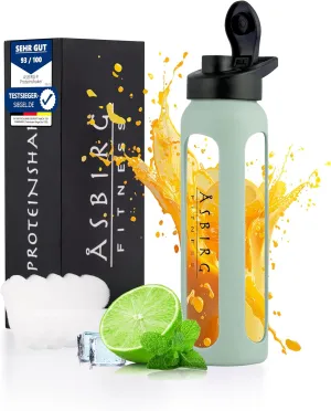 Fitness | Protein Shaker Made of Glass | Protein Shaker | Drinking Bottle | with Spiral Ball | Black (pastel green)