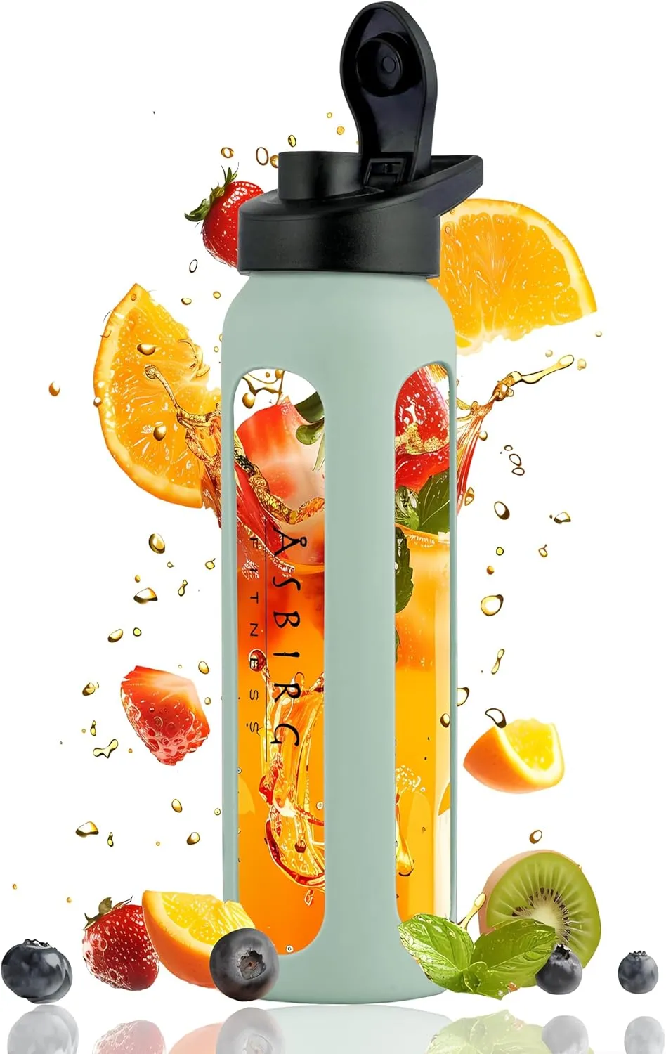 Fitness | Protein Shaker Made of Glass | Protein Shaker | Drinking Bottle | with Spiral Ball | Black (pastel green)