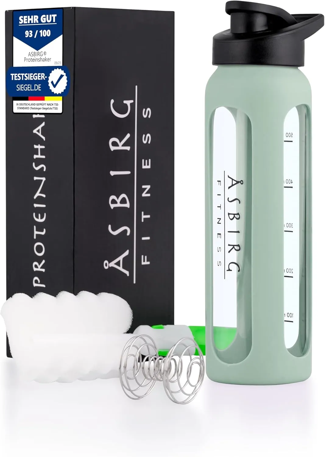 Fitness | Protein Shaker Made of Glass | Protein Shaker | Drinking Bottle | with Spiral Ball | Black (pastel green)
