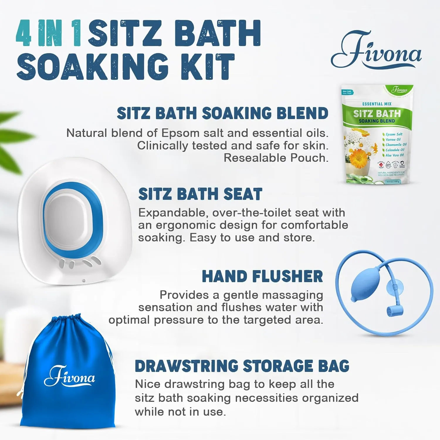 Fivona 4-in-1 Sitz Bath Soak Kit for Hemorrhoids and Postpartum Care 1 Pack of Blend Made of Epsom Salt and Essential Oils Toilet Expandable Seat Storage Bag and Hand Pump for at Home Perineal Soaking
