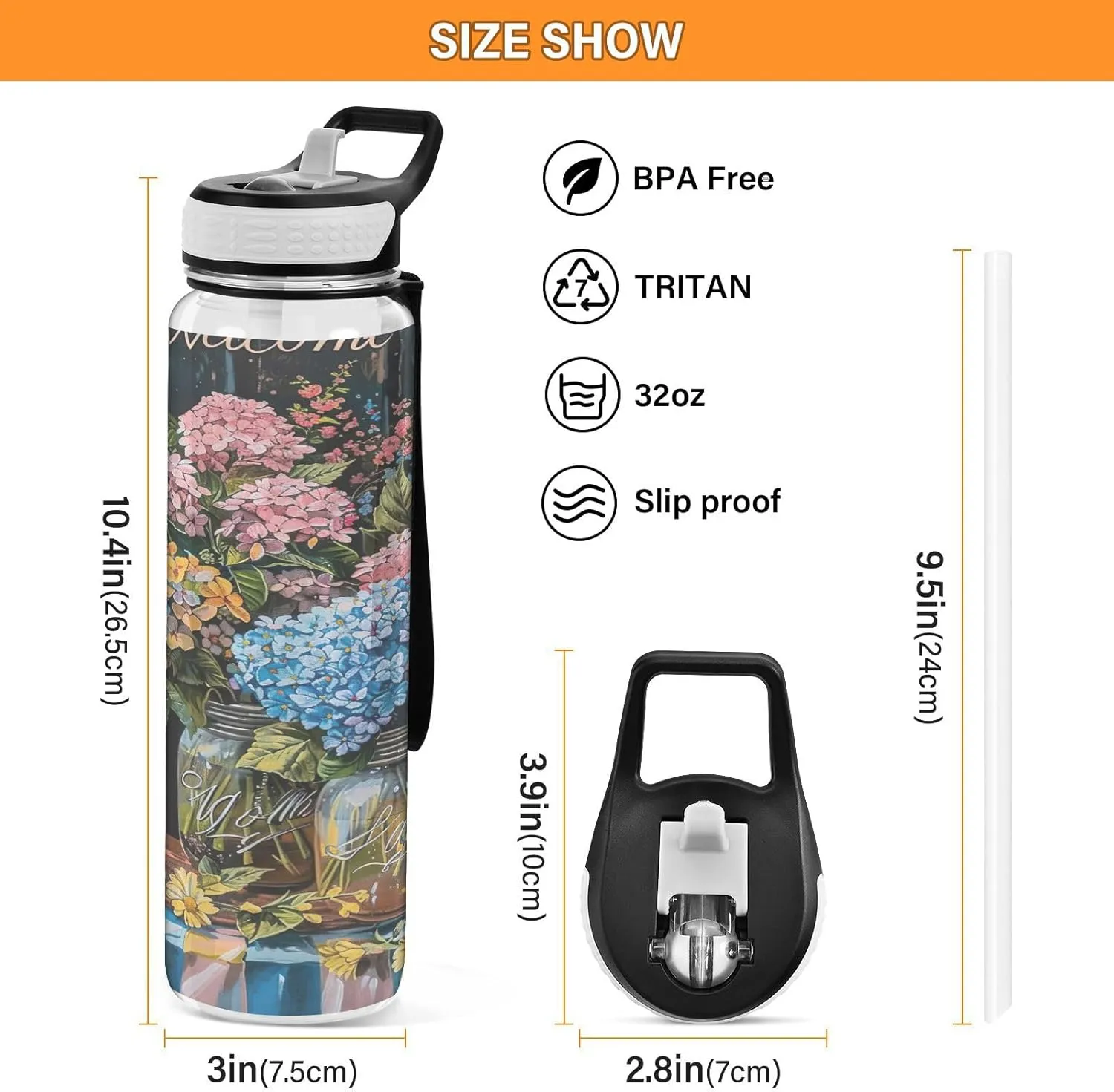 Floral Jars Water Bottles 32 Oz BPA-Free Water Jugs for Drinking for Sports, Cycling, Bike