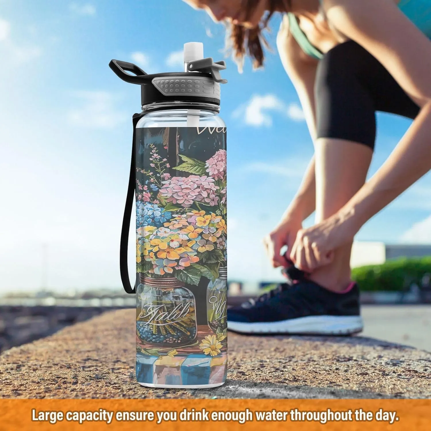 Floral Jars Water Bottles 32 Oz BPA-Free Water Jugs for Drinking for Sports, Cycling, Bike