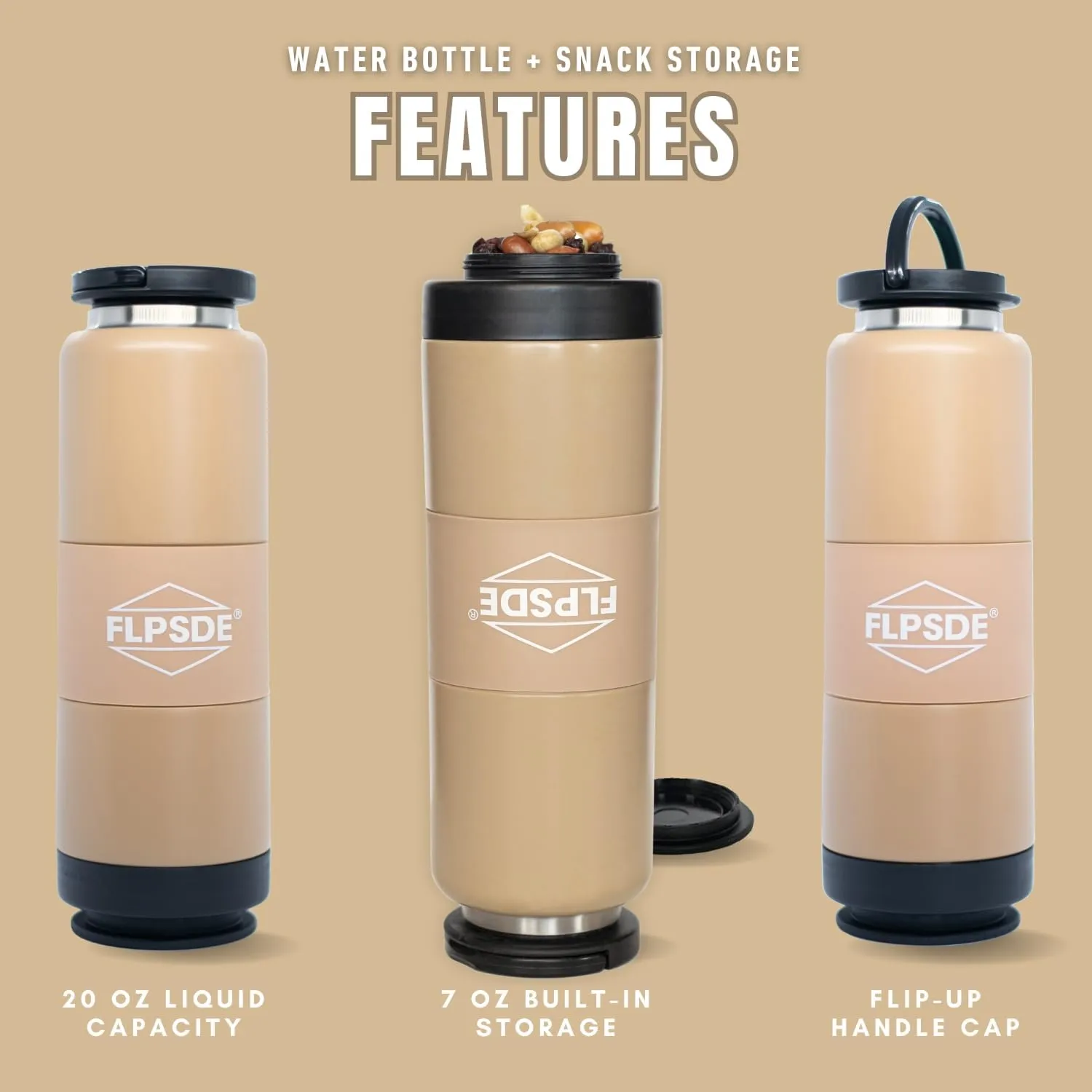 FLPSDE Dual Chamber Water Bottle with Integrated Storage Compartment for Snacks and More - Stainless Steel, Vacuum Insulated - 2 in 1 Container for Travel, School, Hiking, Sports, Work, Office, Gift
