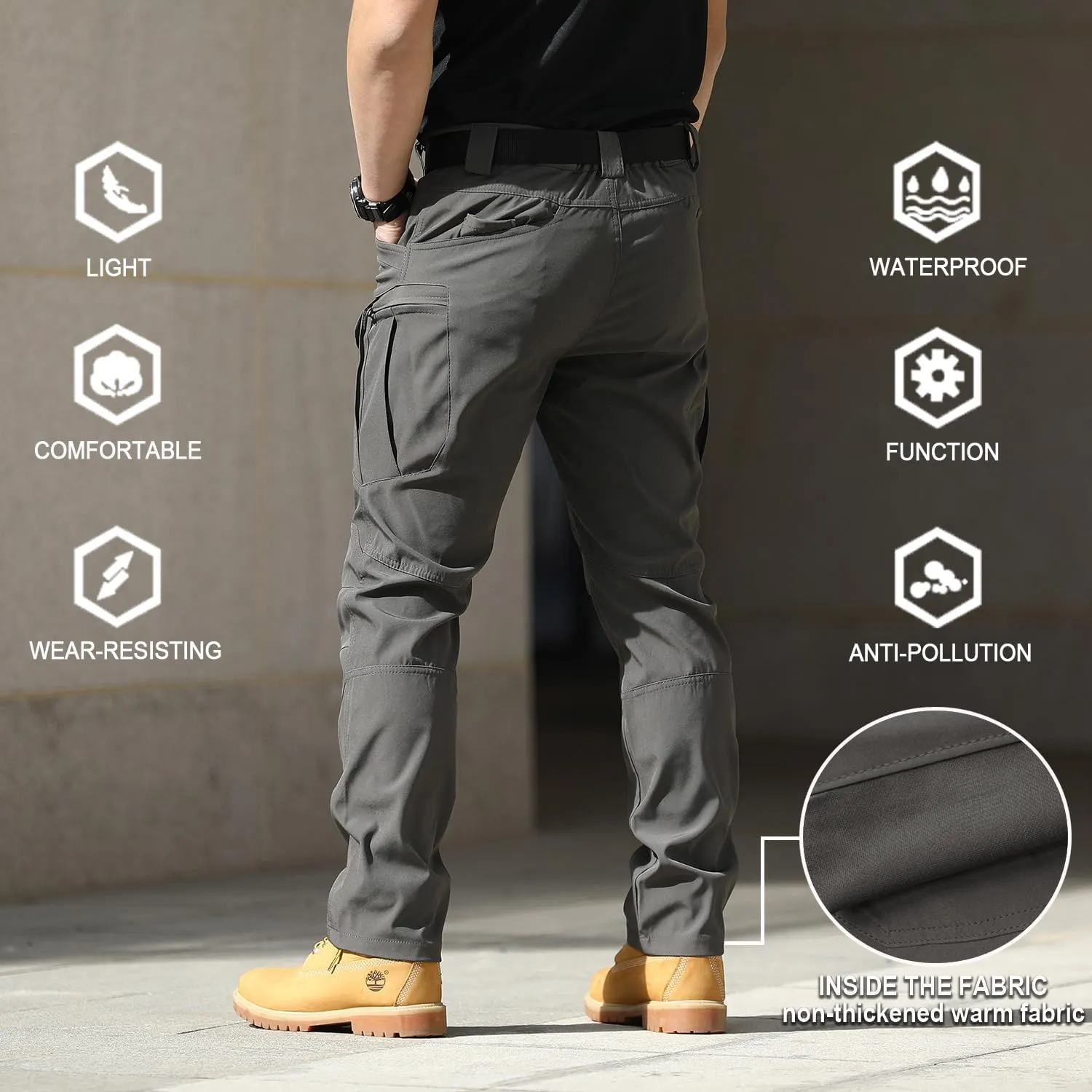FLYFIREFLY Men's Cargo Hiking Pants Lightweight Waterproof Tactical Pants Outdoor Work Pants with Pockets(No Belt)