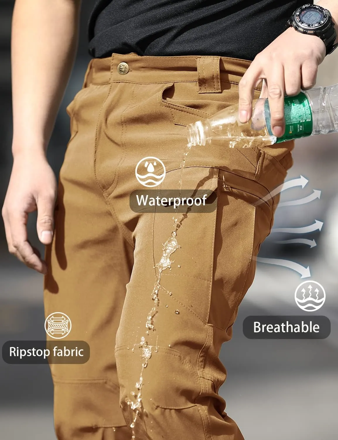 FLYFIREFLY Men's Cargo Hiking Pants Lightweight Waterproof Tactical Pants Outdoor Work Pants with Pockets(No Belt)
