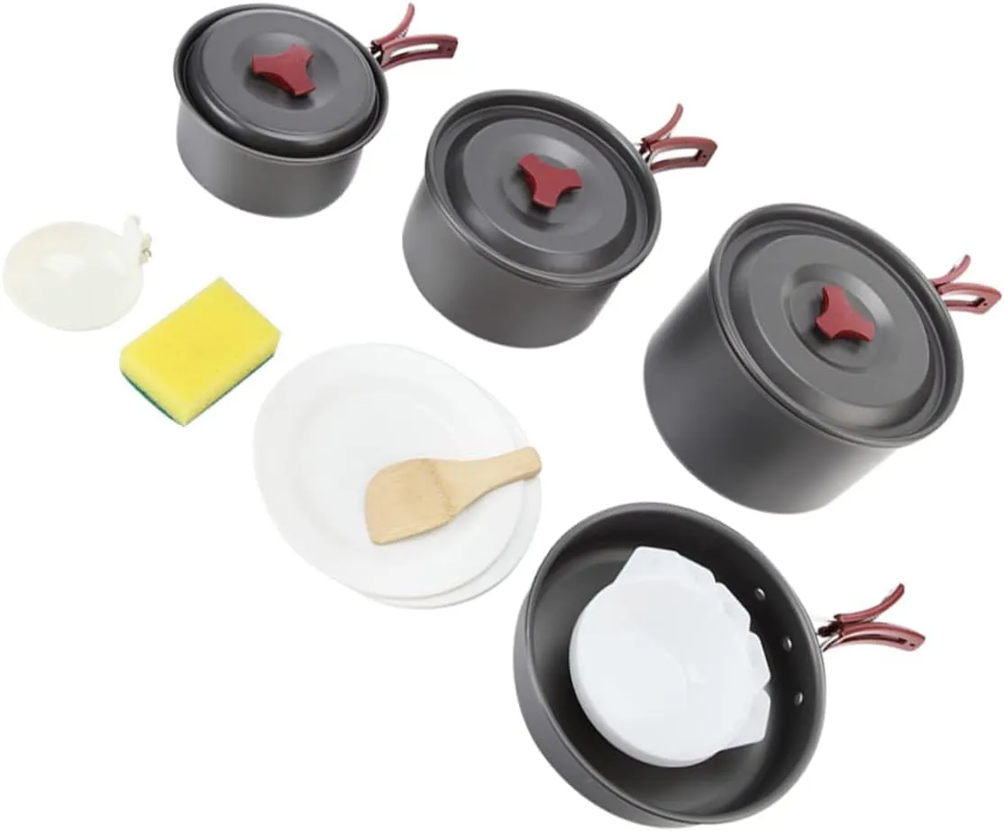 Folding Cooking Pots Set 4-5 Person Camping Cookware Kit Lid Plastic Handles Camping Accessories for Outdoor Activities Hiking