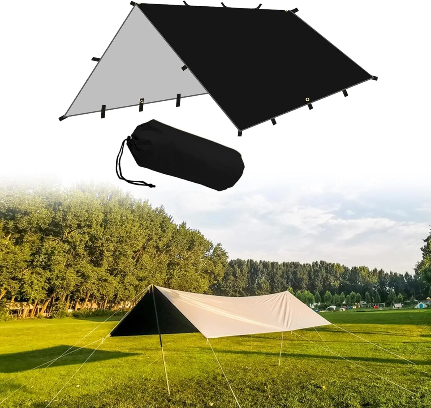Folding Tent Shelter Camping Tarp Waterproof 300x300cm Polyester, Black