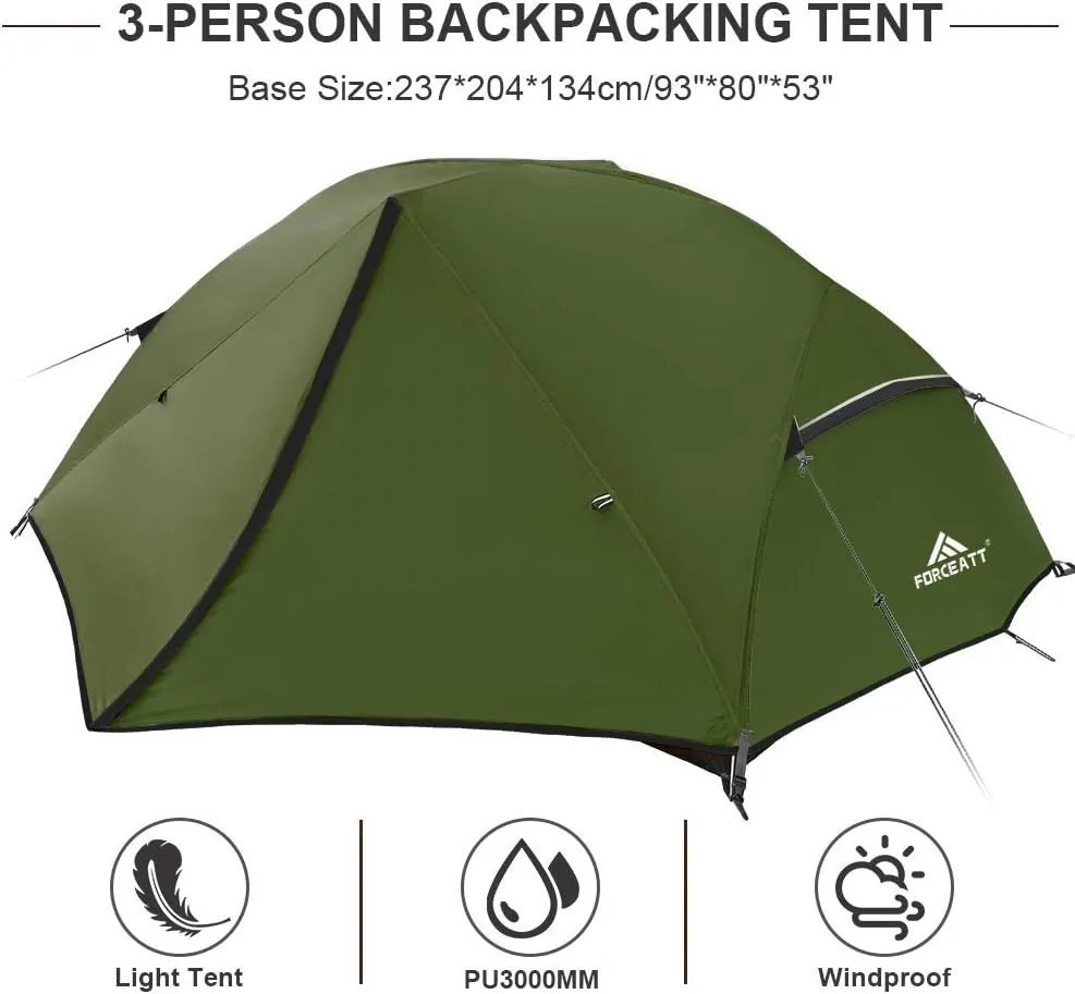 Forceatt Tent for 2 and 3 Person is Waterproof and Windproof, Camping Tent for 3 to 4 Seasons,Lightweight Aluminum Pole Backpacking Tent Can be Set Up Quickly,Great for Hiking