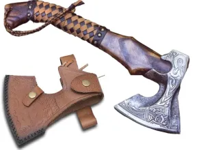 Forest Hunting | custom handmade Viking medieval Axe with Viking gift,Hand Axe,Viking Gifts for Men,Camping Tomahawk,Bearded,Valhalla Axe with Leather Sheath FH0020 (Battle axe) (Leather Wrap)