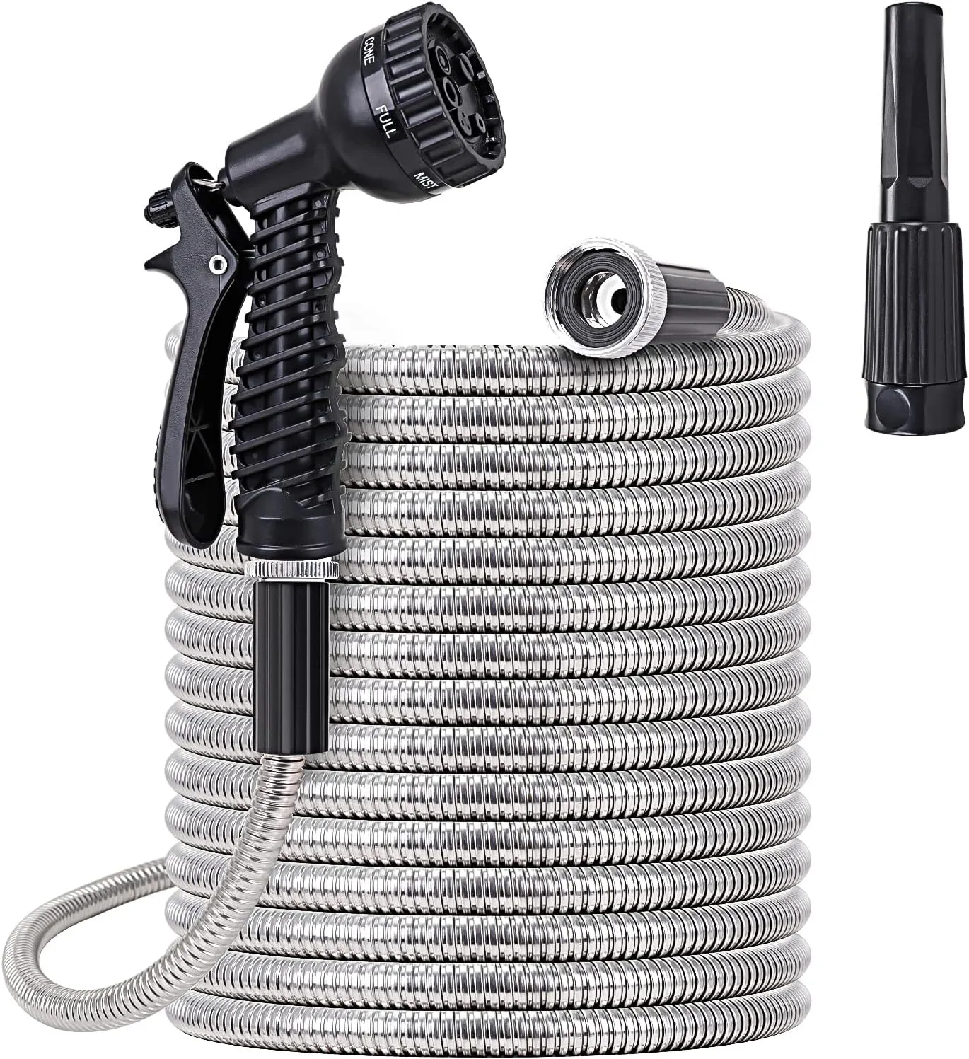 FOXEASE Metal Water Hose 100 ft - Stainless Steel Water Hose with 2 Nozzles, Lightweight, Tangle Free & Kink Free, Heavy Duty, High Pressure, Flexible, Dog Proof